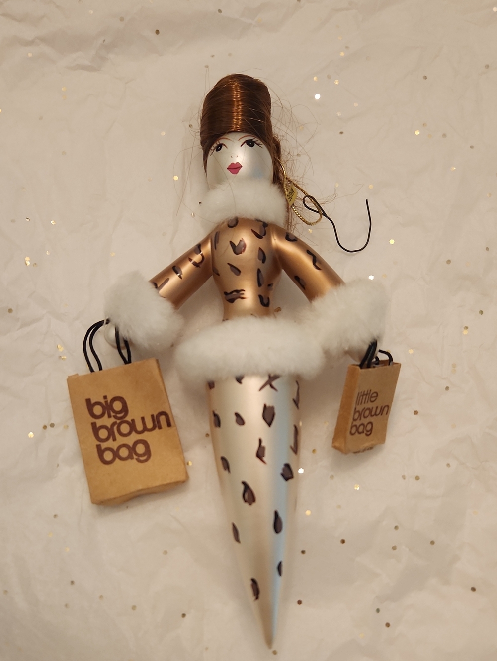 Bloomingdale's Metallic Brown and White Shopping Lady Leopard Holiday Ornament